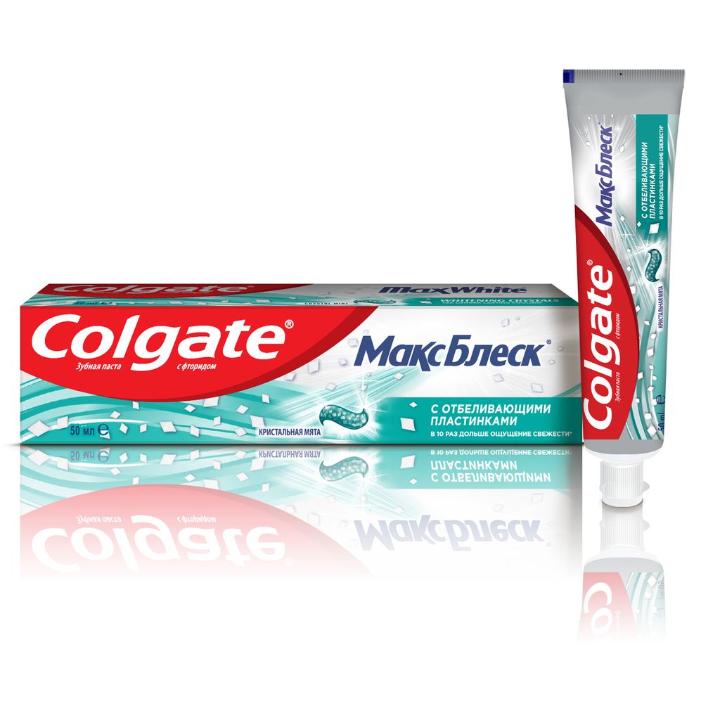 фото упаковки Colgate Макс Блеск с отбеливающими пластинками зубная паста