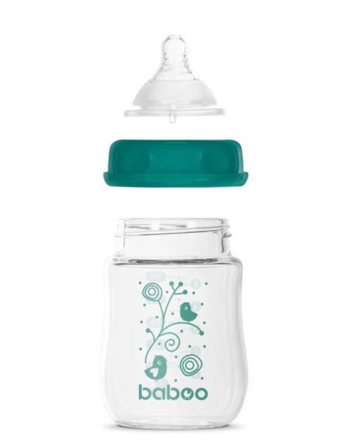 Baboo Бутылочка стеклянная с силиконовой соской, для детей с рождения, широкое горло, 150 мл, 1 шт.